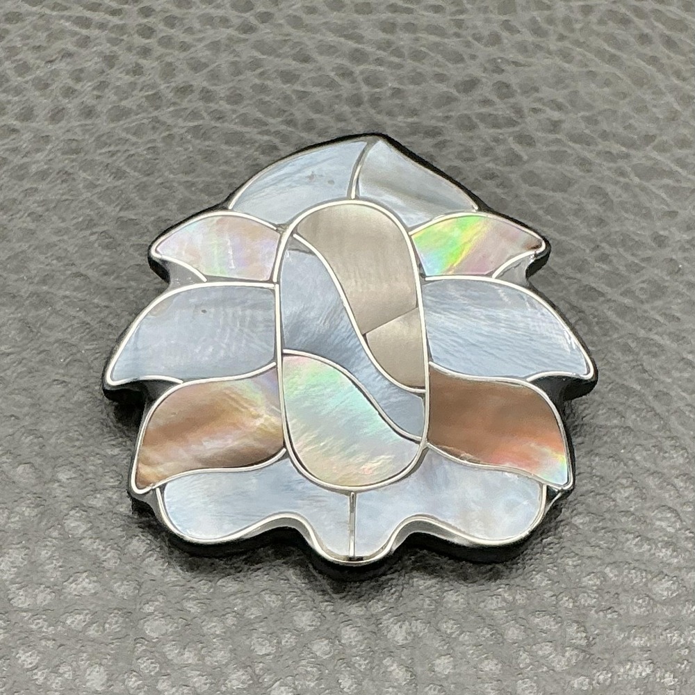 Mother Of Pearl Shell Inlay Flower Brooch Pin Multicolor Resin 2 Inch Iridescent